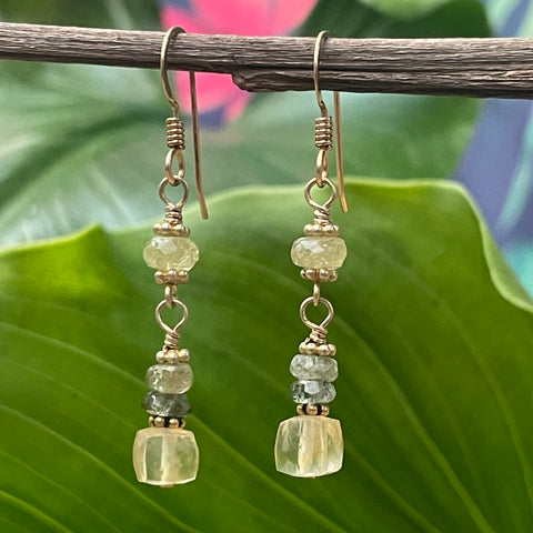 Lemon Quartz, Green Garnet, Tourmaline Earrings