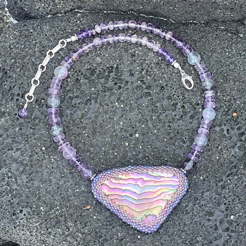 Peyote Stitched Abalone, Amethyst, Flourite Necklace