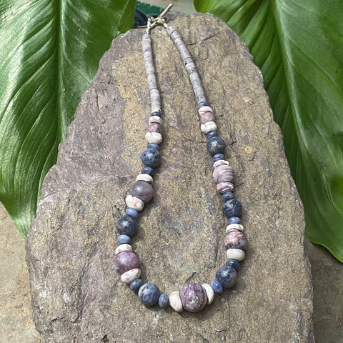 Blue Sodalite, Lavender Charoite, Agate, Puka Shell Necklace