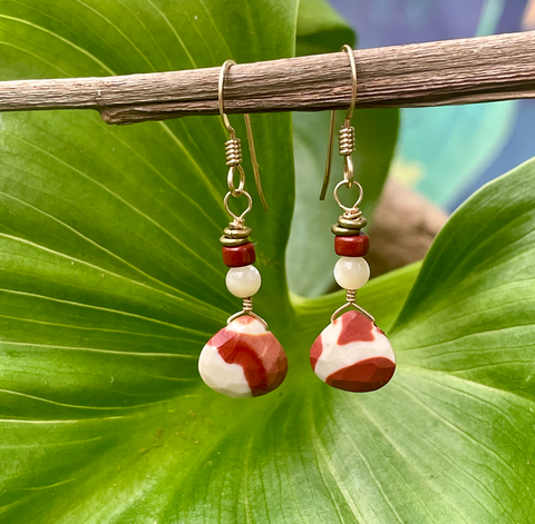 Crimson Red / White Jasper & Mother of Pearls Earrings