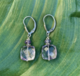 Faceted Amethyst Dangle Earrings with Green Leaf Background 2