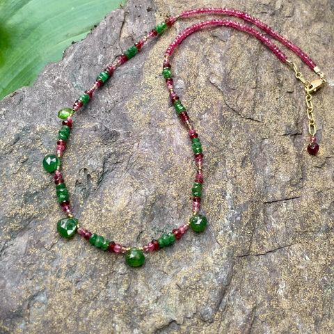 Green Tsavorite Drops, Spinel, Pink Tourmaline Necklace