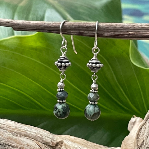 Green Amazonite & Labradorite Dangle Earrings with Green Leaf Background