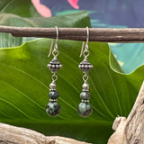 Green Amazonite & Labradorite Dangle Earrings with Green Leaf and Driftwood Background3