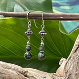 Green Amazonite & Labradorite Dangle Earrings with Green Leaf and Driftwood Background