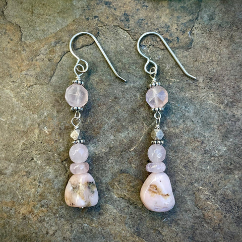 Rose Quartz & Pink Opal Earrings on Slate Stone Background