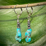 Turquoise & Thai Silver Dangle Earrings on branch with leaf background