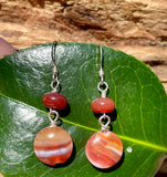 Carnelian Multi-Colored Stipe Earrings hanging on branch with green leaf background 2