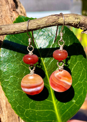Carnelian Multi-Colored Stipe Earrings hanging on branch with green leaf background
