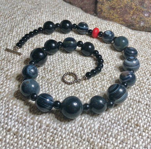 Banded Agate and Red Coral Necklace